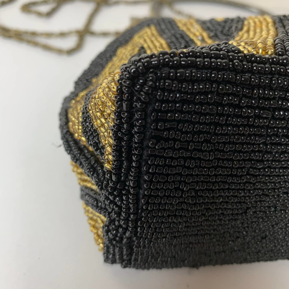 Vintage Gold Black Beaded Evening Purse Party Handbag With Chain Crossbody Strap - Picture 10 of 16